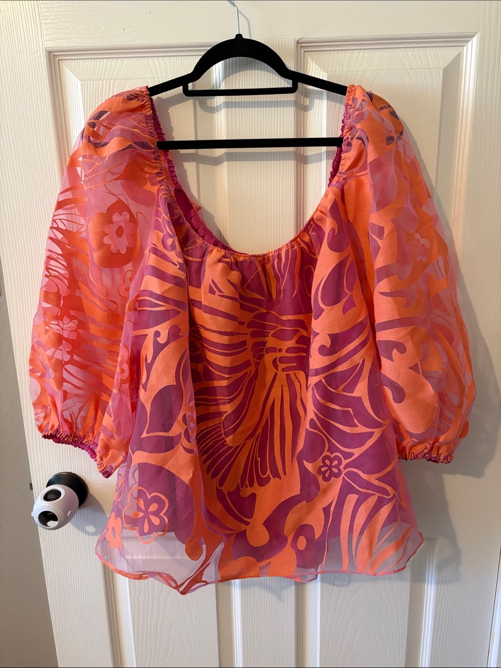 Trina Turk Sheer Pink-Orange Floral Peasant Top XXL